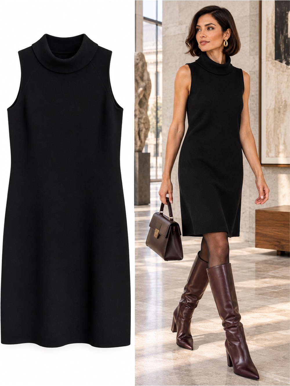 Per Se Carlisle Black Merino Wool Mock Neck Knit Shift Dress Size Medium Luxury